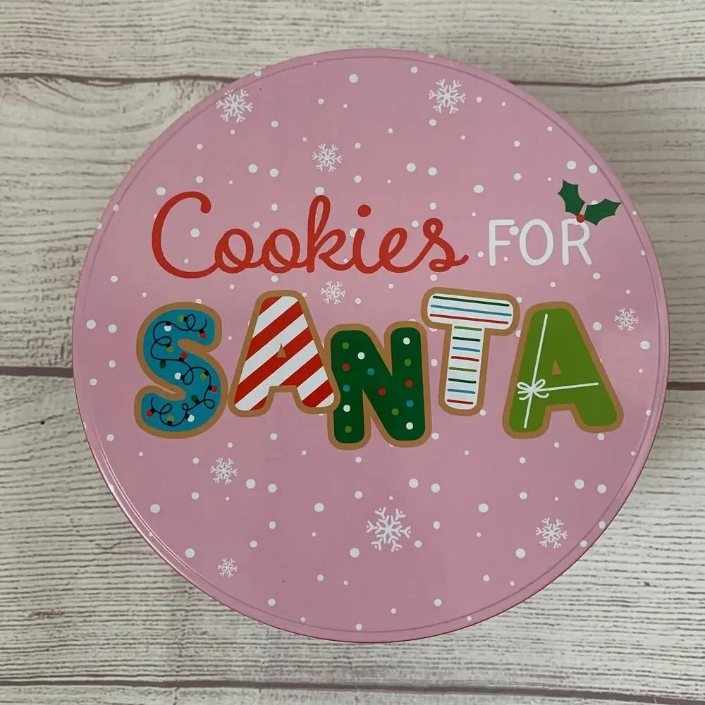 Vintage Pink Christmas Cookies for Santa Tin Empty Metal Storage Box Snowflakes
